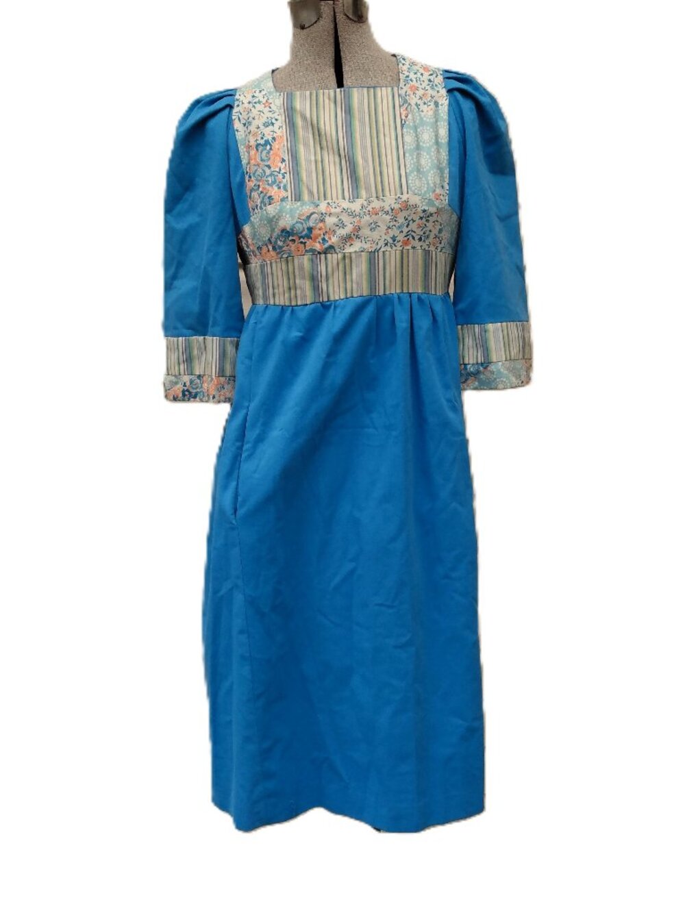 Vintage 70s Patchwork Dress Size XS Small 33" Bust Boho Hippie Blue Q-IN